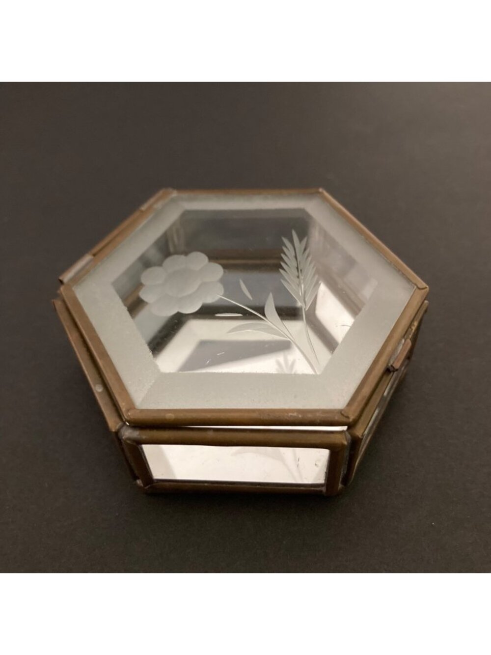 Hexagonal Glass Etched Jewelry Box With Brass Frame & Floral Design